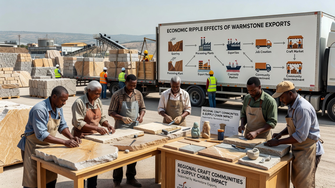 Artisans in a regional workshop carving Warmstone elements for international orders